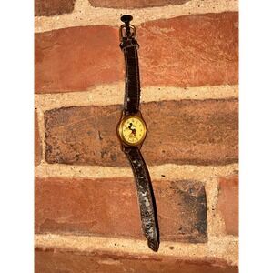 Lorus Disney Mickey Mouse Quartz‎ Watch Gold Tone Brown Leather Band Authentic